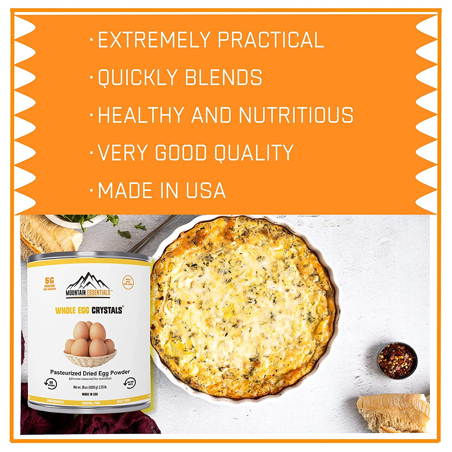 Mountain Essentials Dried Whole Egg Powder Crystals – 96 Servings, 5g Protein per Serving, Pasteurized Dehydrated Eggs, Long-Term Food Storage (7-Year Shelf Life), Emergency Survival & Camping Food