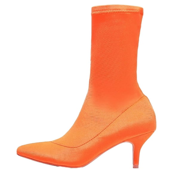 224-1 Elastic Stretchy Sock Ankle High Boots Booties Kitten Heel Pointed Toe Orange