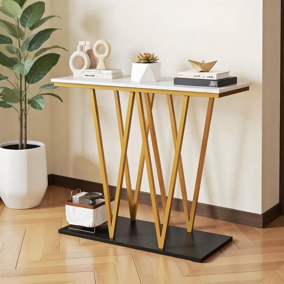 Topcobee Gold Entryway Table 40 Inch Modern Console Table with Faux Marble Table and Metal Frame, Modern Furniture for Home Office-White