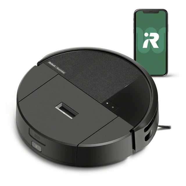 Black iRobot Roomba 205 Vac DustCompactor robot vacuum shown with smartphone featuring the iRobot app logo for remote control