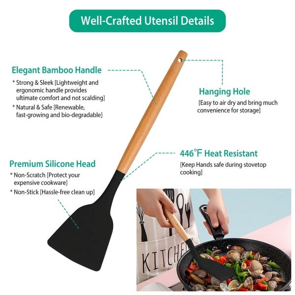 11Pcs Silicone Cooking Utensil Set Heat Resist Wooden Handle Silicone Spatula Ladle Spaghetti Server Tongs Spoon Egg whisk Kitchenware Set w/ Holder Black