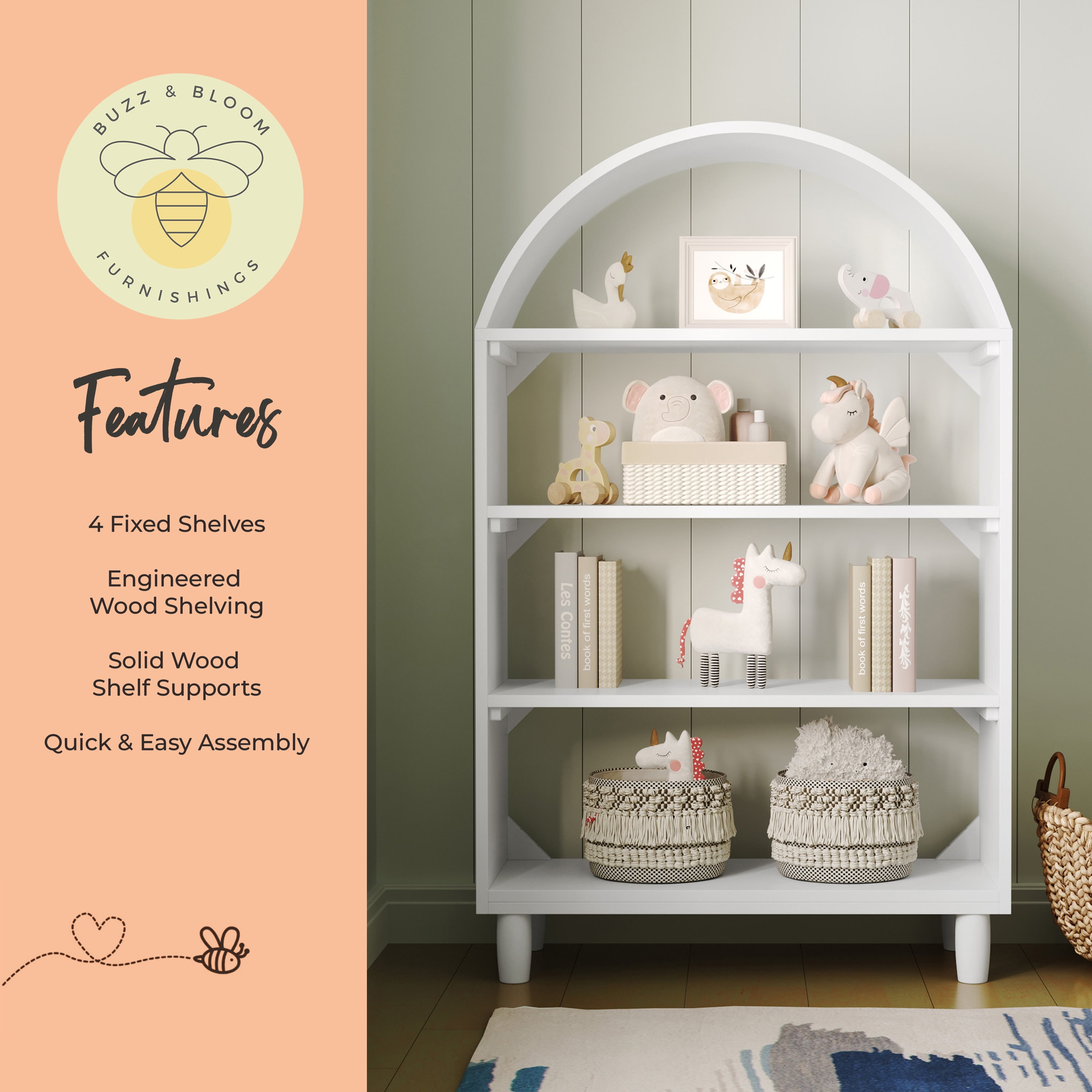 Buzz & Bloom Kids Open-Style Engineered Wood Bookshelf with 4 Shelves and Covered Rounded Top, White