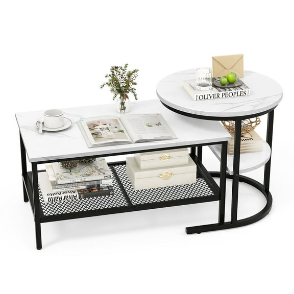 Gymax Nesting Coffee Table Set of 2 Faux Marble Top Detachable w/ Storage Shelf Black
