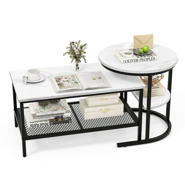 Gymax Nesting Coffee Table Set of 2 Faux Marble Top Detachable w/ Storage Shelf Black