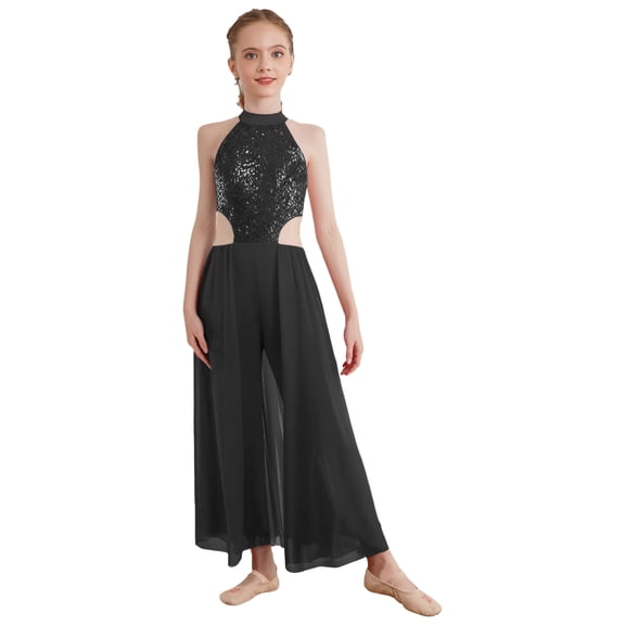 Hansber Kids Girls Lyrical Dance Dress Cutout Sequin Flowy Skirt Leotard Sleeveless Contemporary Dancewear Black 14