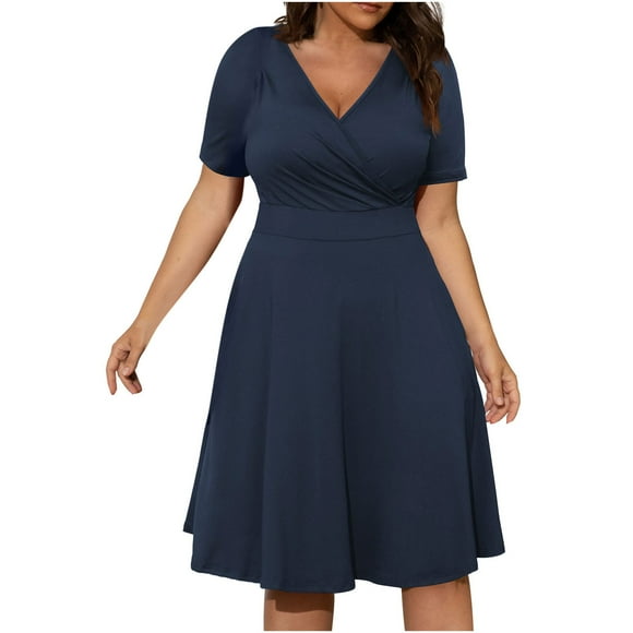 Dark Blue Dresses for Women Solid Color Short Sleeve Comfy Holiday Dress Plus Size V-Neck Fit And Flare Trendy Vacation Casual Dress Maxi Fashion Daily A-Line Blouse Pleated Dress with Pocket,3XL