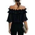 thumbnail image 3 of Women'S Off Shoulder Ruffle Short Sleeve Chiffon Blouse Black XXL, 3 of 7