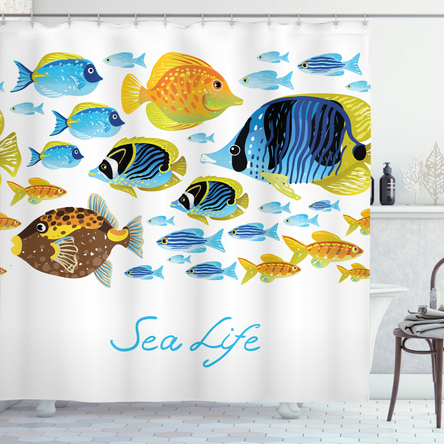 Ocean Animal Decor Shower Curtain, Vivid Underwater Life with