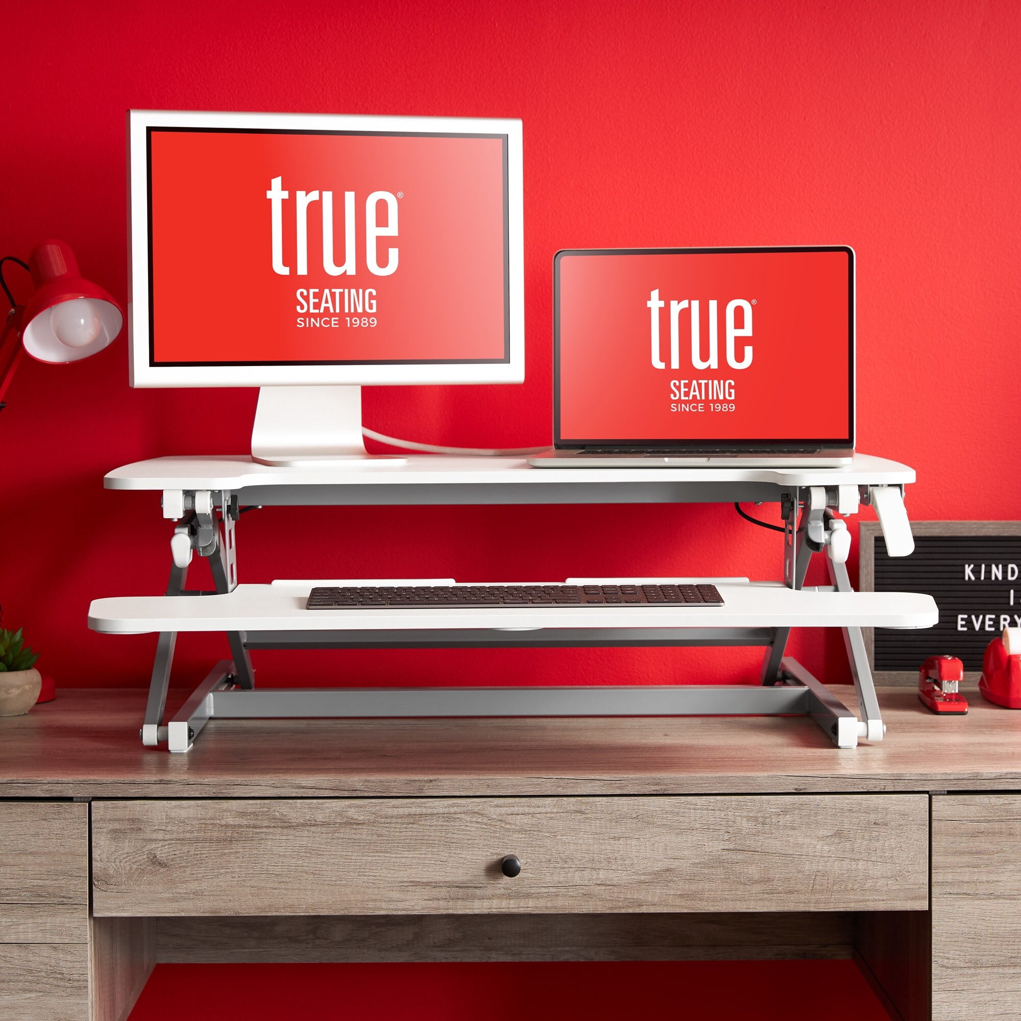 Millwork Holdings Co True Seating Ergo Standing Desk Converter with Keyboard Tray, Dual Monitor Laptop Riser Height Adjustable Tabletop Workstation
