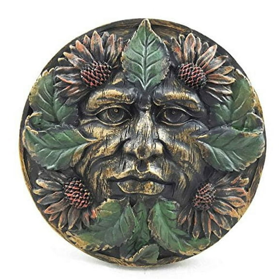 Bronzed Hot Summer Sunflowers Celtic Greenman Pan Wall Decor Plaque Sculpture