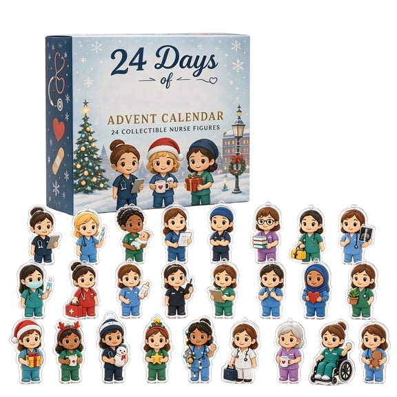 Nurse Team Advent Calendar, 24-Day Countdown with 24 Assorted 2D Acrylic Ornaments for Christmas Gifts and Profession Decor