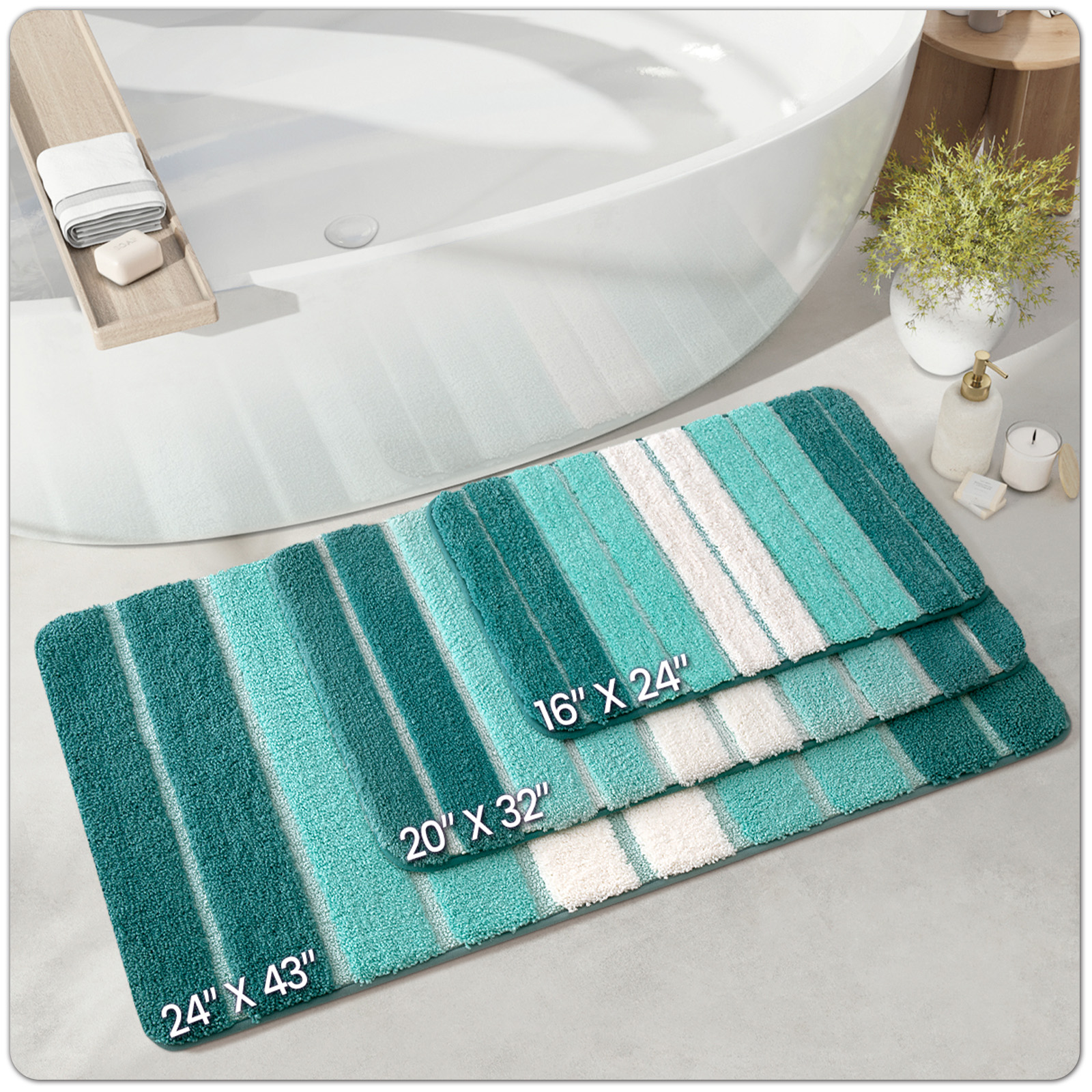 OEAKAY Turquoise Striped Microfiber Bath Mat, 16"W x 24"L photo 2