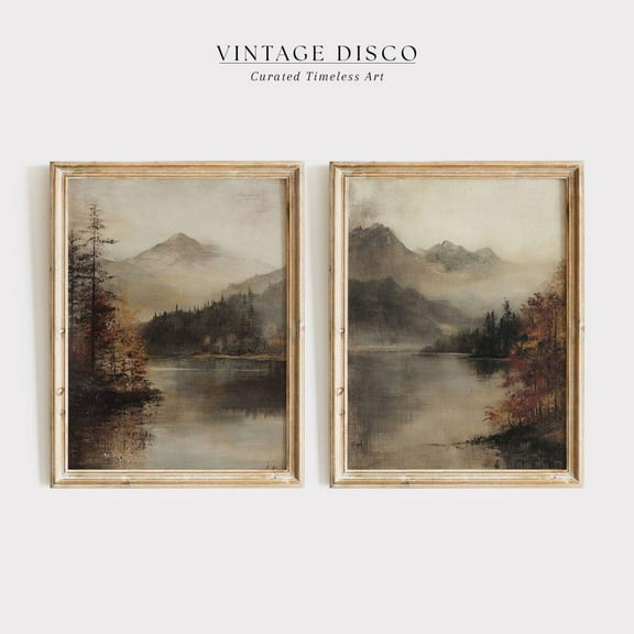 Luvia Moody Fall Lake Landscape Set Of 2 - Rustic Dark Fall Farmhouse, Muted Countryside Autumn Print, Cottagecore Decor, Modern Wall Decor Set 2 Prints 8x12 UNFRAMED
