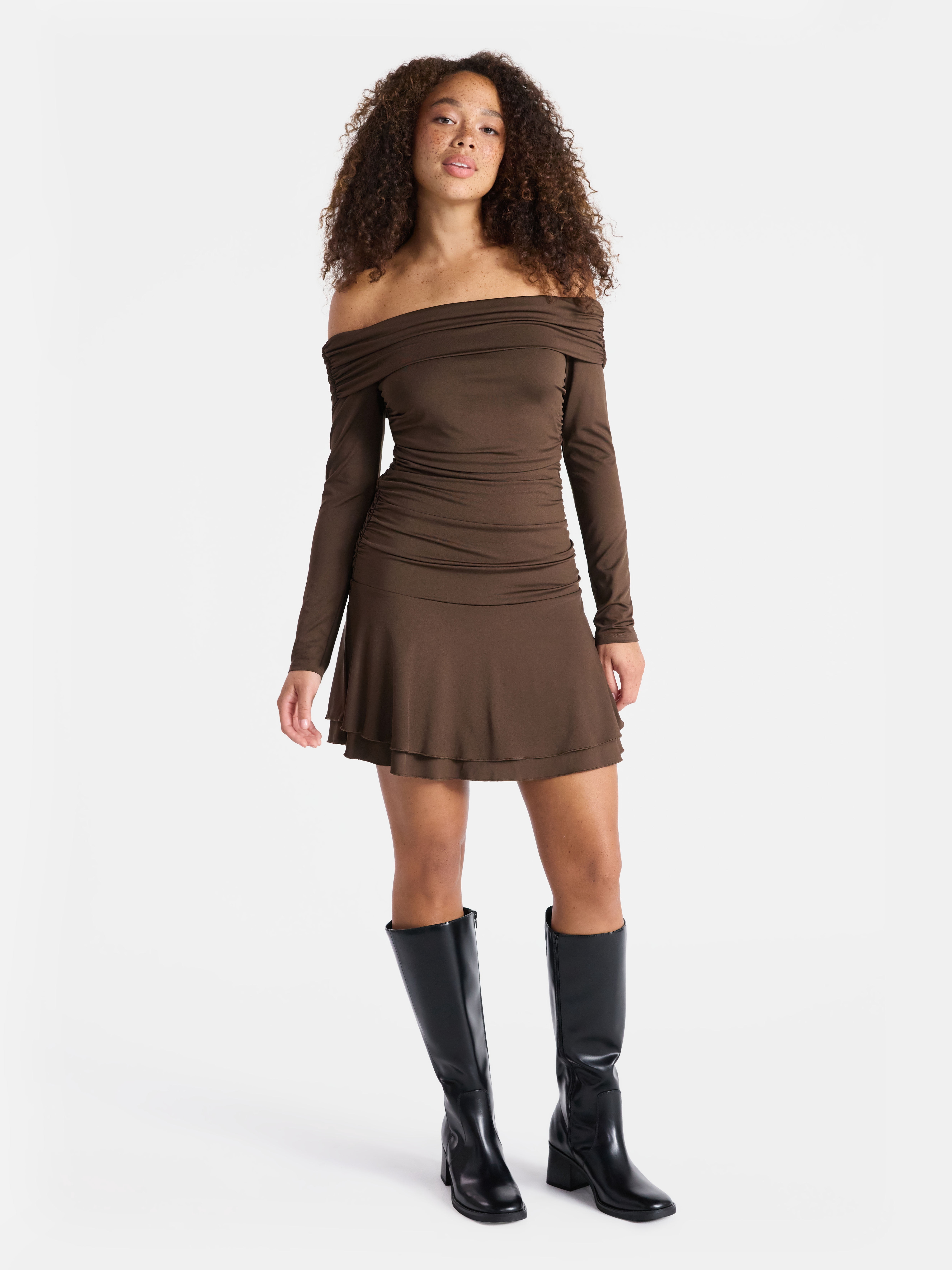 No Boundaries Off-The-Shoulder Long Sleeve Mini Dress, Women's