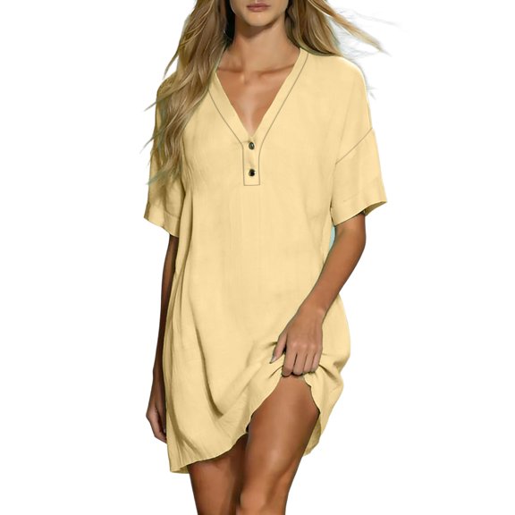 Ygbgbb Women V‑Neck Henley Mini Tunic Dress, Short Sleeve Half‑Placket Loose Fit Casual Shift Dress for Beach Cover‑Up and Everyday Summer Wear Yellow XL