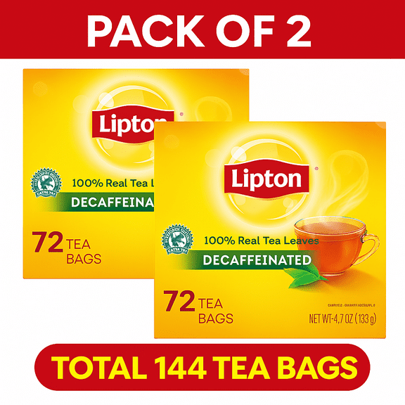 Lipton Decaffeinated Black Tea Bags, Can Support Heart Health, 72 Count (Pack of 2) Total 144 Tea Bags