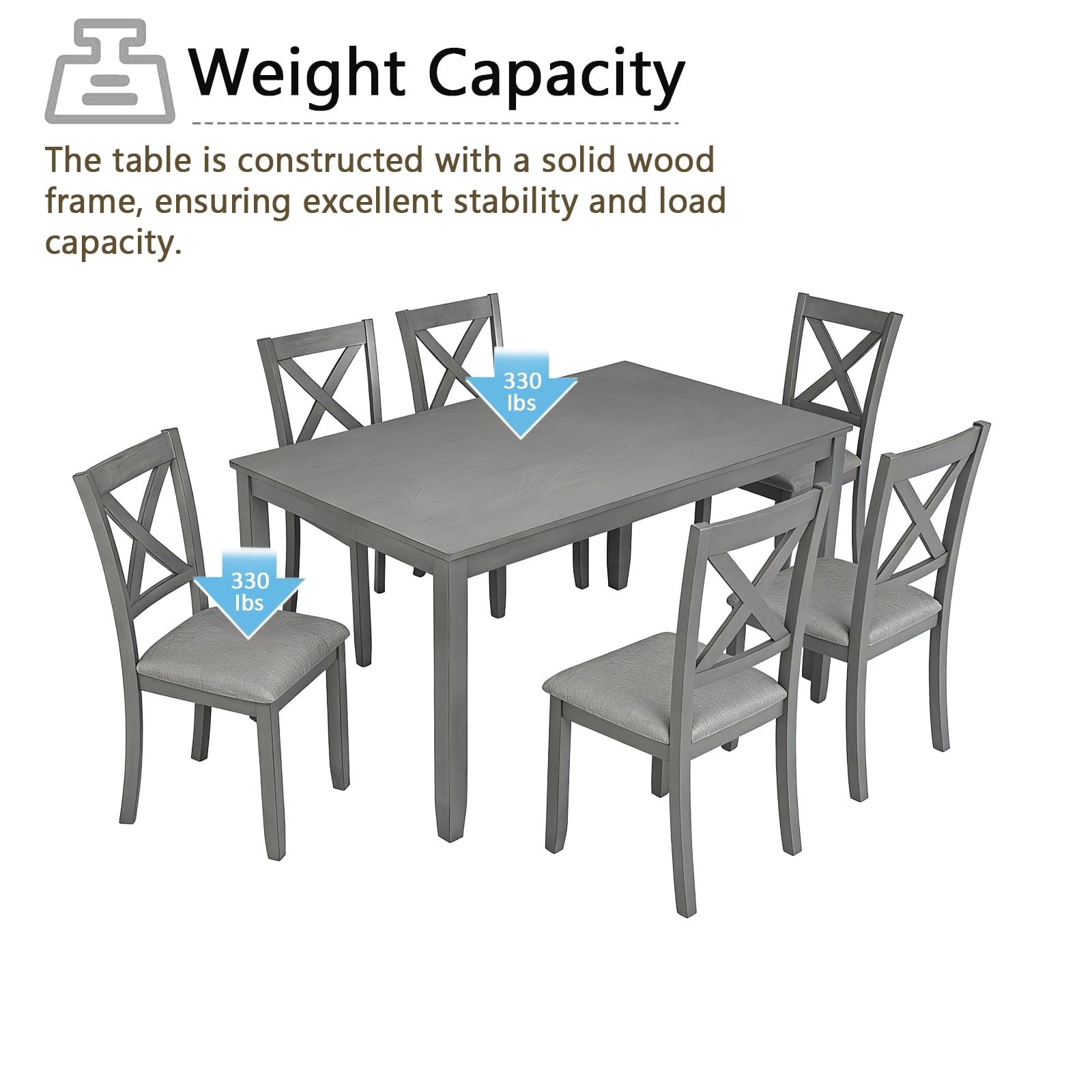 7 Piece Dining Set for 6, 58.5" Rectangular Dining Table with 6 Upholstered Chairs