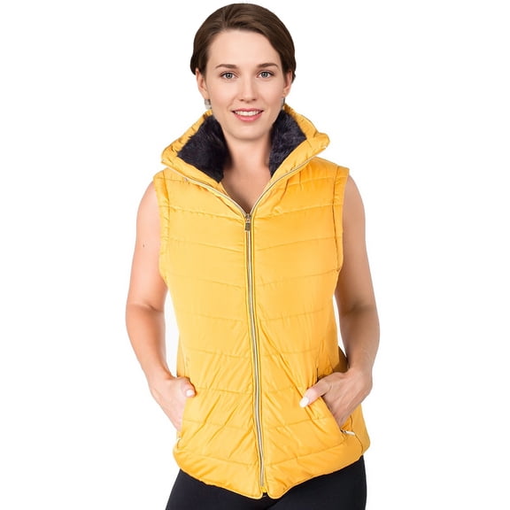 2Luver, Women's, Quilted Padded Fleece Lining High Collar Vest With Zip Pockets, Zip Closure Stretchable Side Gathering, Mustard, 3X