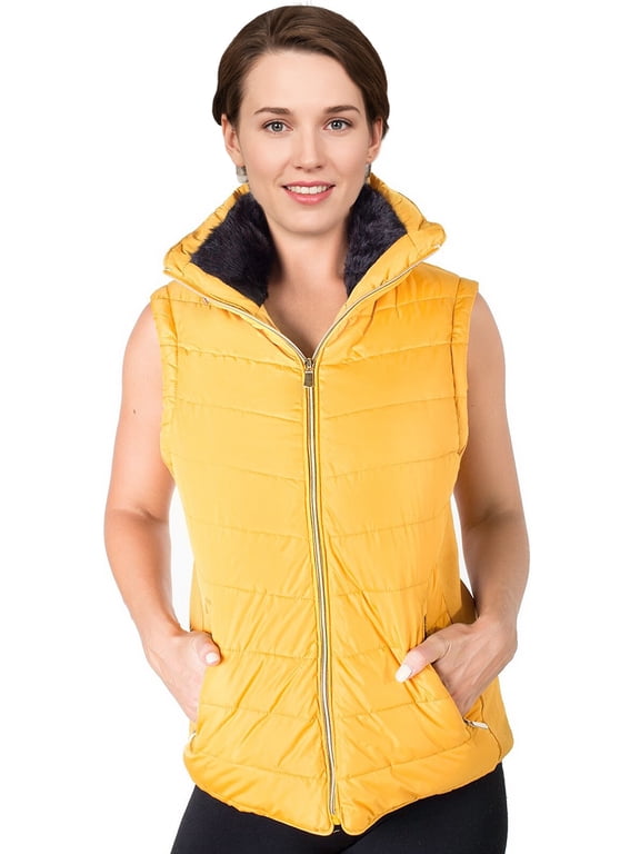 , Women's, Quilted Padded Fleece Lining High Collar Vest With Zip Pockets, Zip Closure Stretchable Side Gathering, Mustard, 1X
