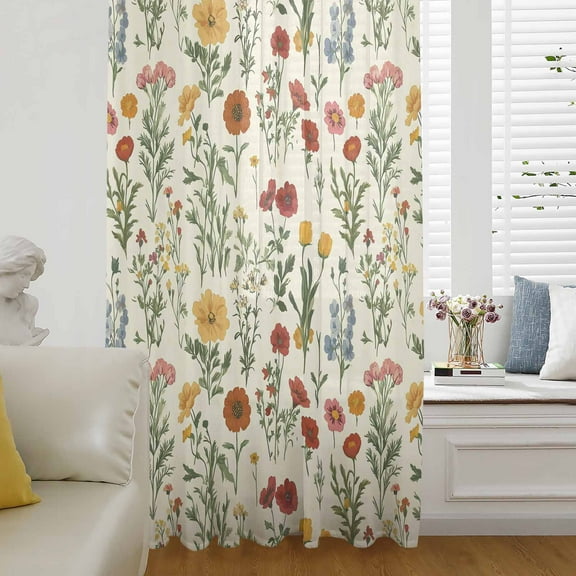 Spring Floral Semi Sheer Curtains Drapes for Living Room, Bedroom, French Doors Window 108 Inches Long, Country Summer Botanical Rod Pocket Chiffon Curtain Drapery Voile Draperies Panel