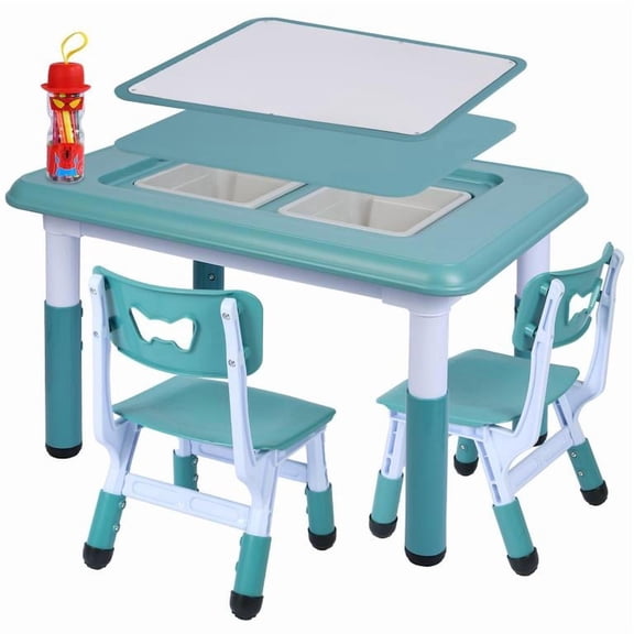 REDCAMP Double-Sided Kids Activity Table, Multi Drawing Table and Chair Set with 2 Chairs for Toddlers, Plastic Height Adjustable Play Table with Storage Bins, Blue
