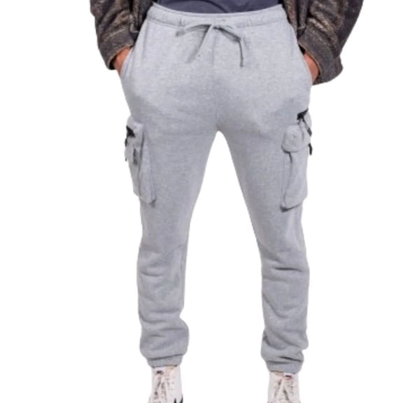 Brooklyn Cloth Men's Fleece Cargo Sweatpants, Carpenter Style, Zip Pockets, Elastic Waist, Heather Grey, Medium