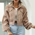 thumbnail image 2 of FAIWAD Women Short Corduroy Jacket Solid Color Lapel Button Coats Lantern Long Sleeve Outwear (Large, Khaki), 2 of 7