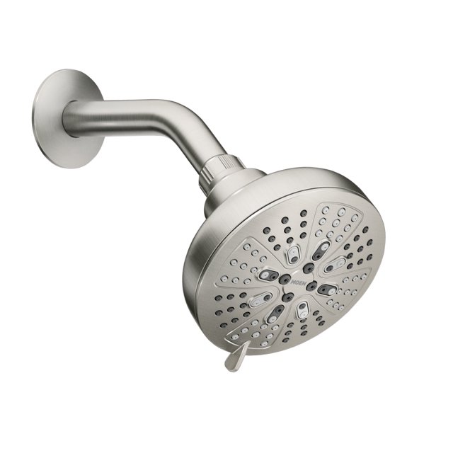 cabezal de ducha de baño Moen Hydro Energetix de níquel cepillado con ocho funciones de rociado, 200W0SRN 3/4 frontal: cabezal circular de níquel cepillado montado en brazo curvo, boquillas de goma en patrón radial y palanca selectora para ocho modos de rociado; fondo blanco, instalación atornillada al brazo de ducha; también suele usarse para enjuague rápido en lavaderos por su alcance y patrón de chorro.