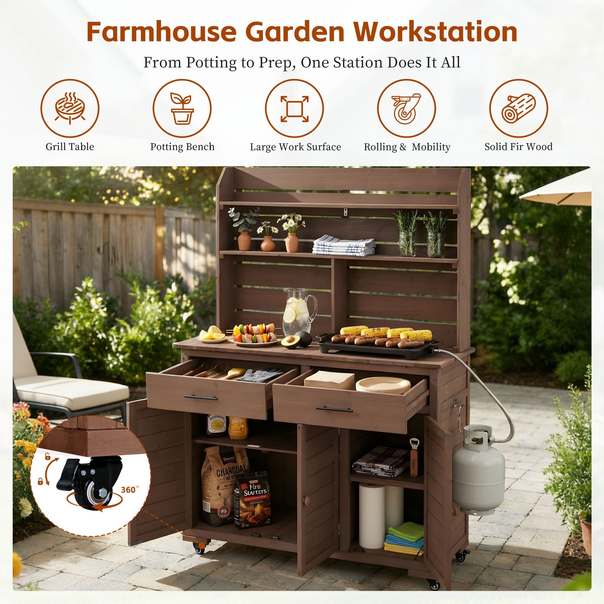 Sailvan 65''H Wood Patio Kitchen Island & Garden Potting Bench,Outdoor Grill Prep Cart with Storage Cabinet,Hutch Top and Wheels Brown