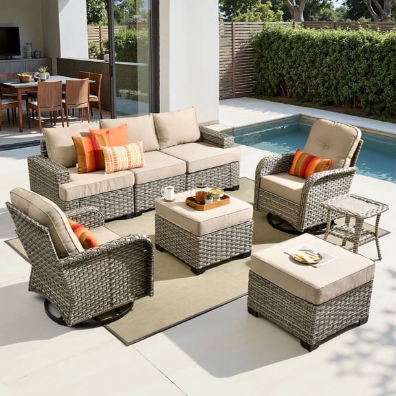 Toject 8 Pieces Patio Furniture Set, All Weather Wicker Patio Conversation Set with Swivel Chairs, Outdoor Furniture with Ottoman for Garden, Beige