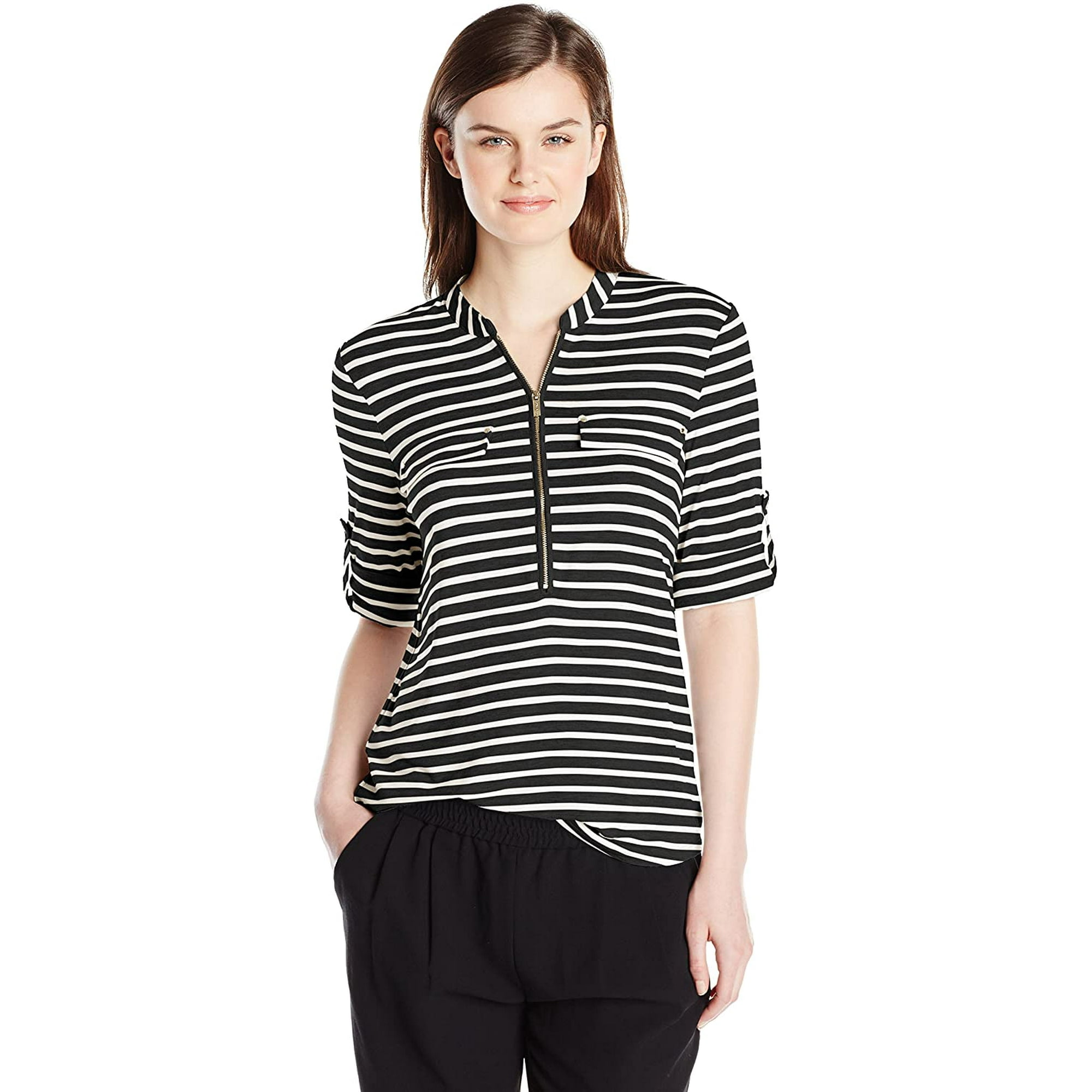 Calvin Klein Women s Stripe Zip Front Roll Sleeve Blouse Black Birch Black Birch Large Walmart
