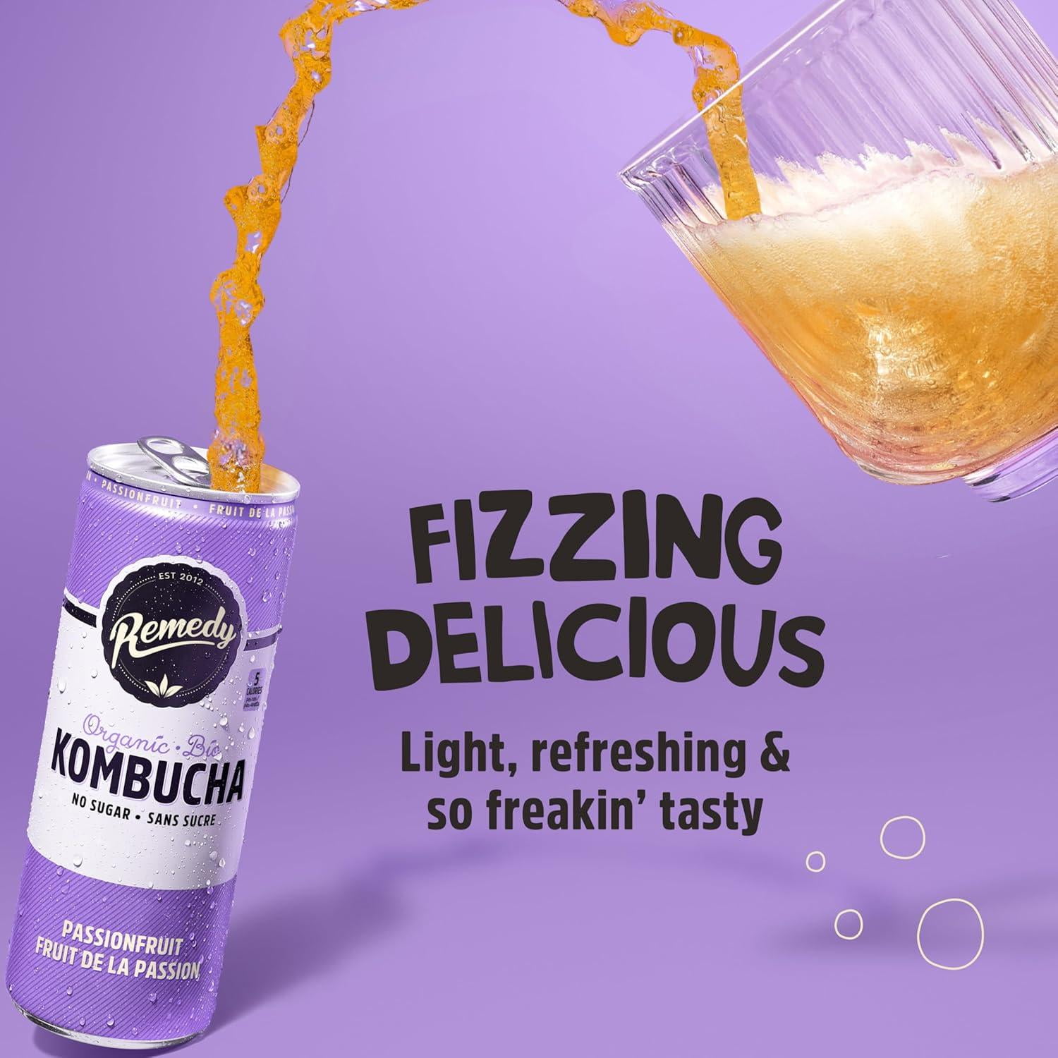 REMEDY KOMBUCHA BIO SANS SUCRE SAVEUR FRUIT DE LA PASSION 4PK