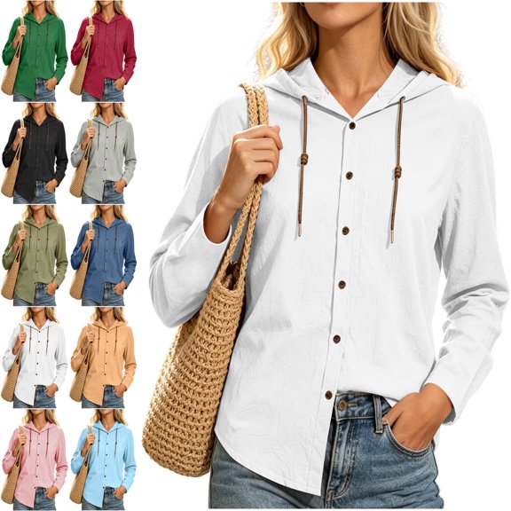 Womens Tops 100% Cotton Hooded Button Down Fashion Drawstring Long Sleeve Jacket Top