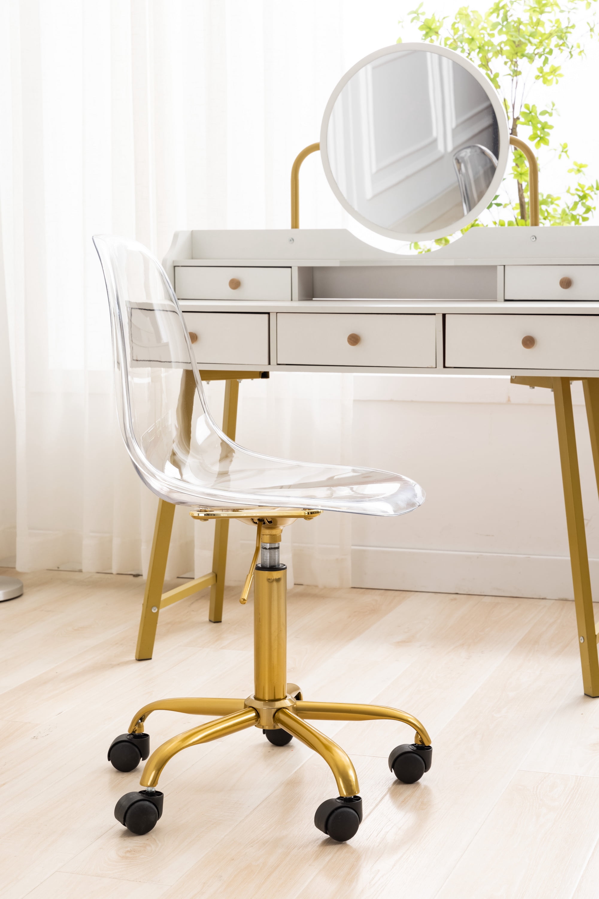 Luccalily Swivel Accent Chairs, with Wheels and Adjustable Height, Clear with Golden Wheels