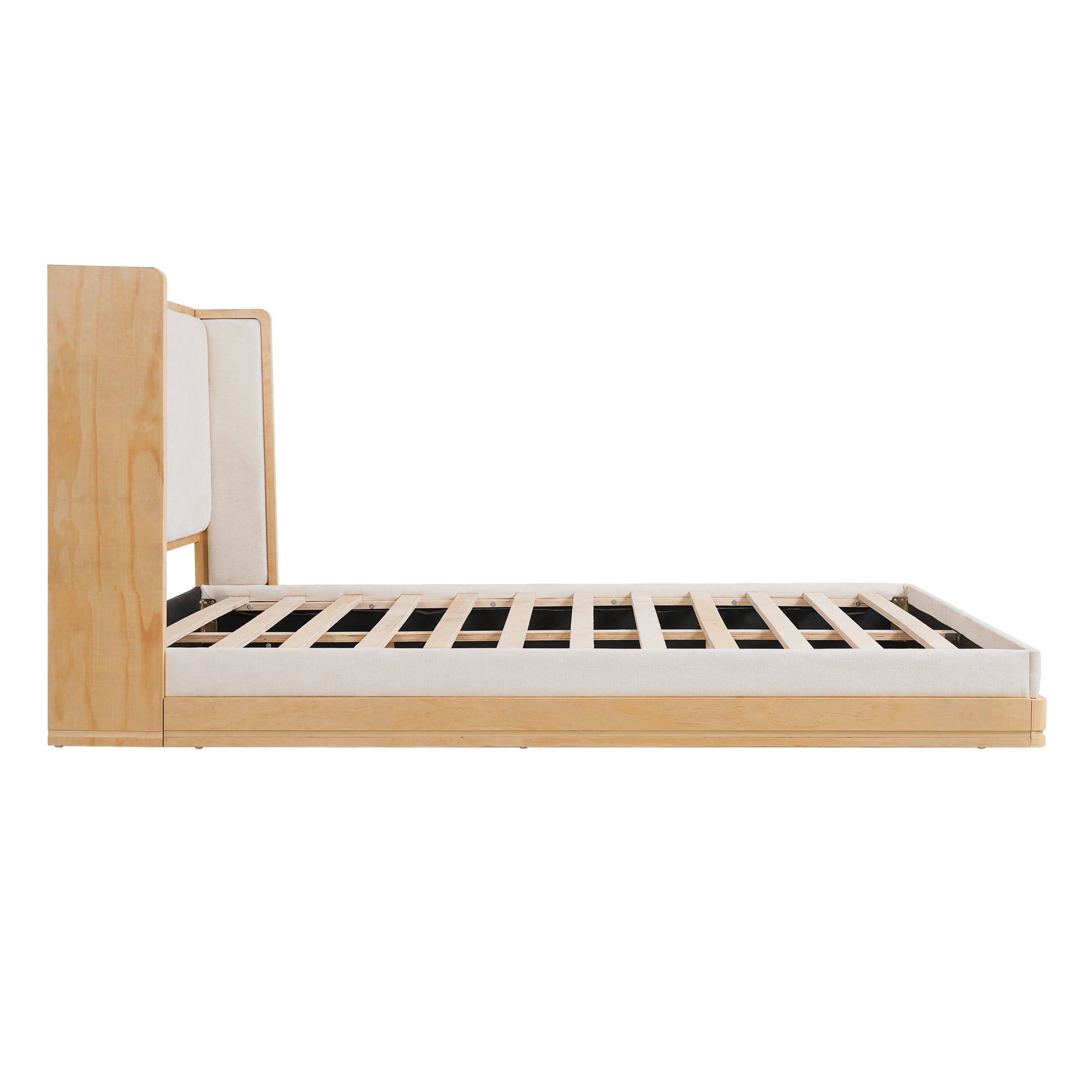 Christopher Knight Home Mid-Century Modern Wooden Bed Frame with Headboard, Queen Size, Beige Upholstery
