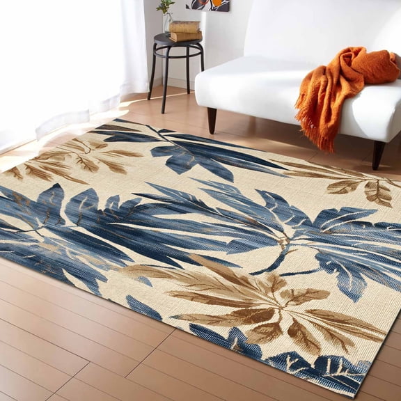 Area Rugs Indoor Non-Slip Rectangle Rug 5x7 Ft Vintage Tropical Plants Blue Brown Palm Leaf Rug Rubber Backing Floor Mats Non Shedding Home Decor Carpet for Entryway Living Room