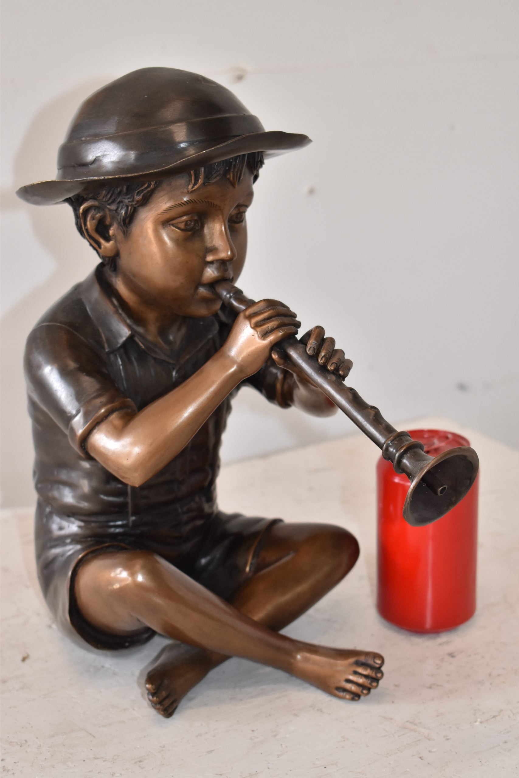 Nifao Little Boy Playing Flute 13" x 8" x 15"H – Outdoor Bronze Fountain, Garden Water Feature, 13"L x 8"W x 15"H