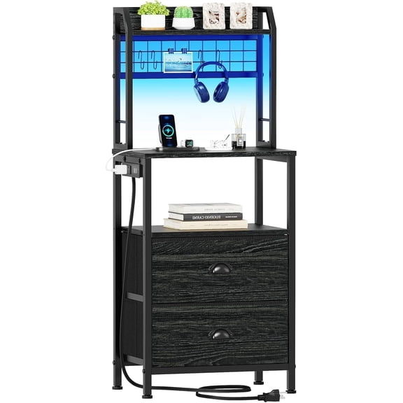 40'' Tall Nightstand with Charging Station, Bedside Table with LED Lights, End Table with 2 Drawers and Storage Shelves, Night Stand with Pegboard for Bedroom, Black Oak