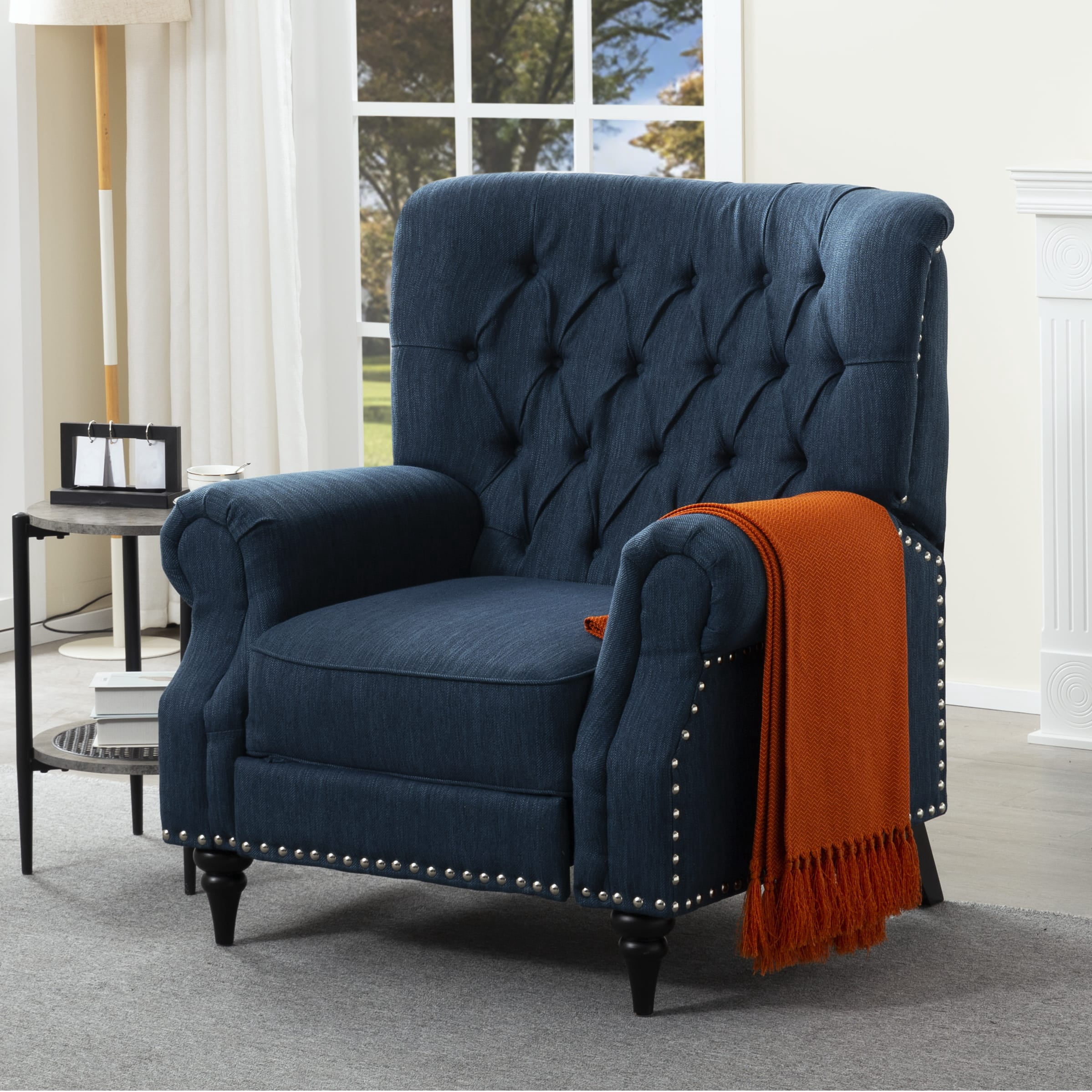 Gewnee 38.58” Manual Push Back Recliner Linen Fabric for Living Room Office Bedroom Blue