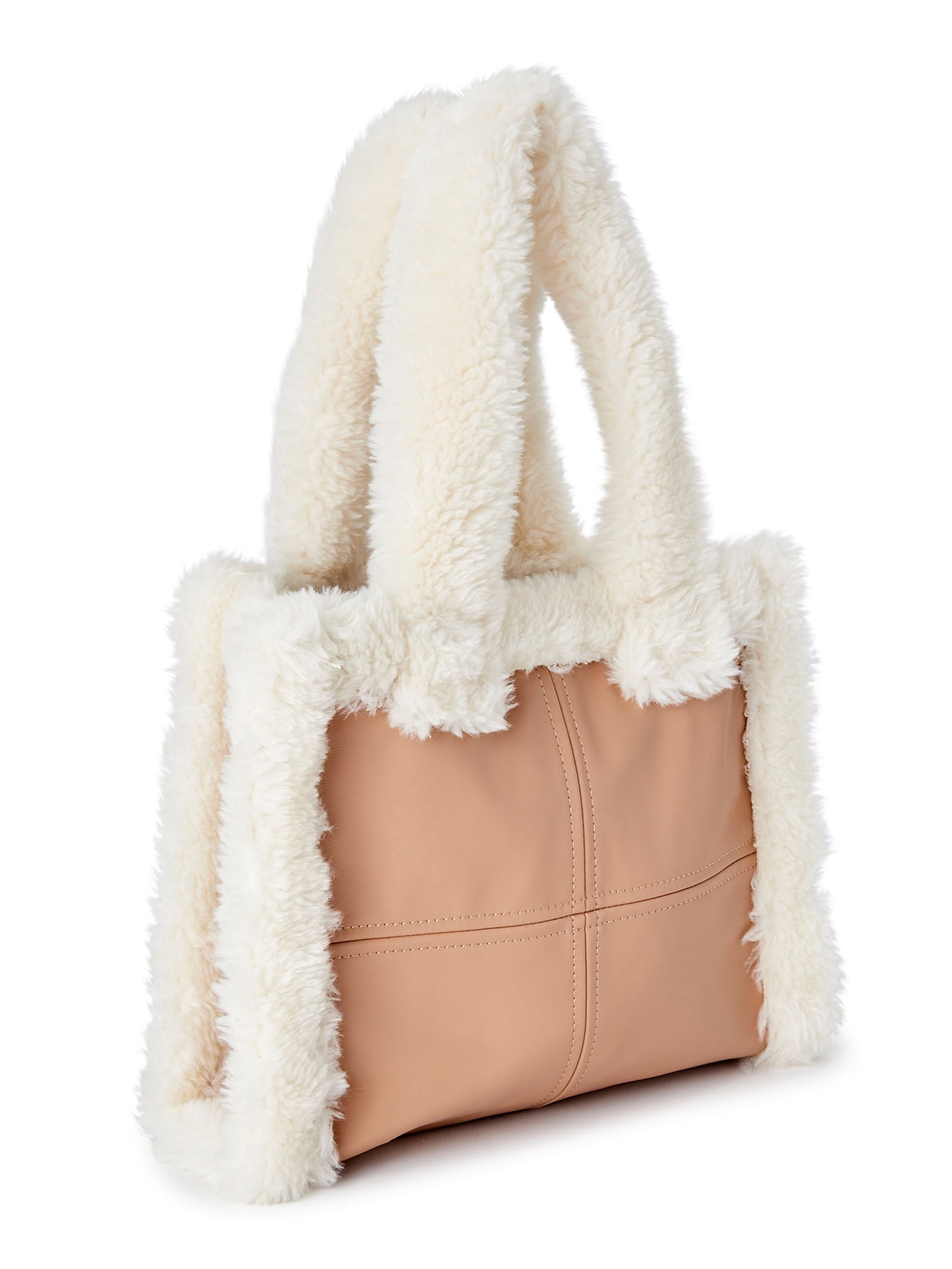 No Boundaries Women's Square Sherpa Tote Bag Tan Off-White- Small