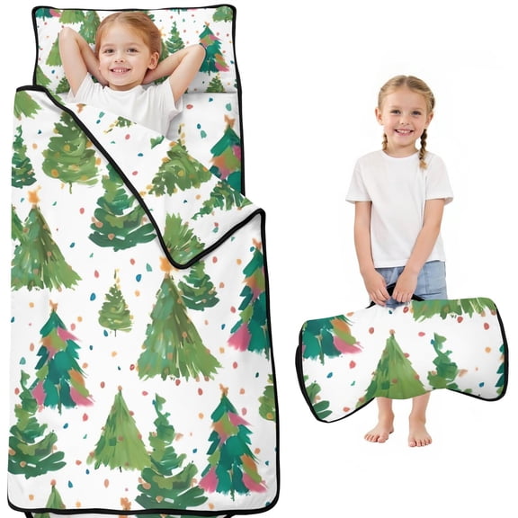 White Christmas Watercolor Tree Pattern Toddler Nap Mats for Kids Preschool,50"x20" Sleeping Mat Bag or Kids,Toddler Sleeping Bag,Toddler Nap Mat or Daycare