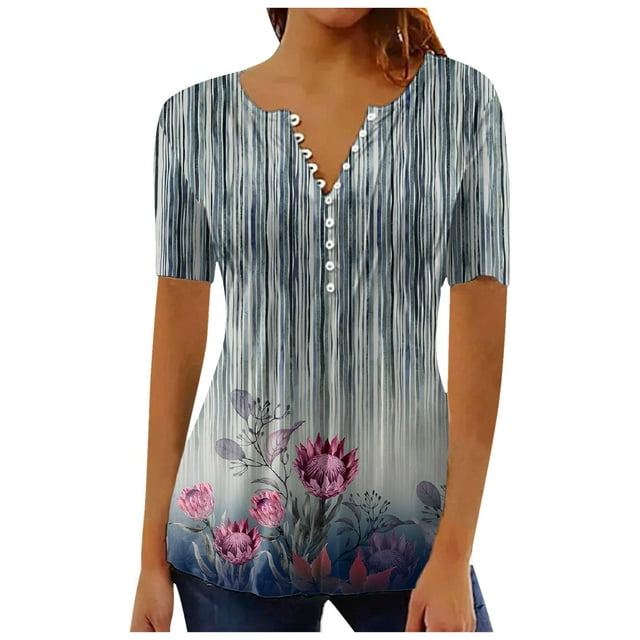 TSADFHJI Chandail en Molleton Col Rond pour Femmes T-Shirt Confortable Tunique Col en V Boutons Blouse Manches Courtes Tops d'Été L Gris