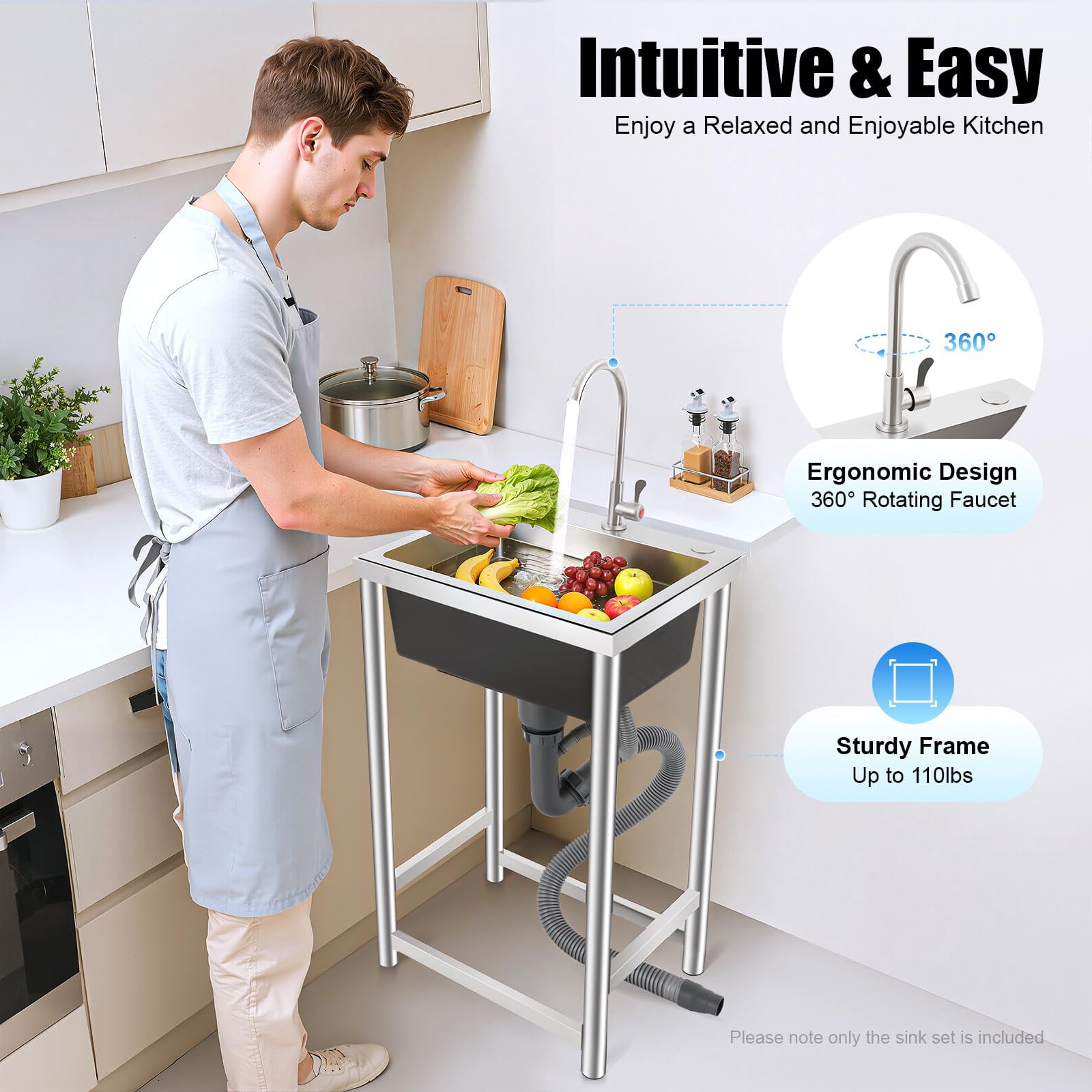Miumaeov Portable Sink Free Standing, Stainless Steel Utility Sink Single Bowl, Small Utility Sink with 360° Faucet, Outdoor Sink for Garage Laundry, Camping Sink Alternative for Home