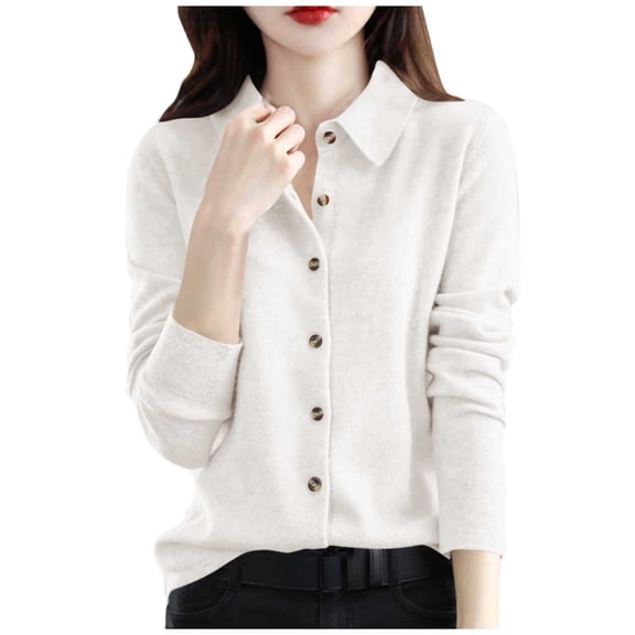 Rutainlusire Womens Trendy Lapel Comfy Buttoned Shirts Sweaters Women's Solid Color Button Turndown Collar Long Sleeved Casual Fashionable Sweater