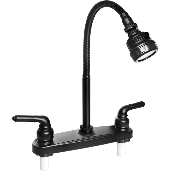 RV Kitchen Faucet,Camper Sink Faucet Replacement with 2 Handles Flexible Spout 360 Swivel Rotatable Tri-Function Sprayer for Motorhomes,Travel Trailers,8 inch Hole,Non-Metallic,Black