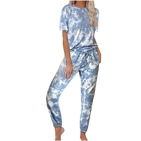 

Mrat Long Sleeve Round-Neck Shirts Set Loungewear Sweatsuits Jogger Outfits Ladies Fashion Slim Contrast Lace Elastic Waist Short Sleeve Casual Two Piece Suit Pajamas Casual Outfits Tracksuit Set
