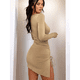 thumbnail image 5 of Vestido Corto de Punto Elástico, Ajustado, Fruncido, con Cordón Ajustable, Liso, de Otoño, Cuello Redondo, Larga Caqui XS, 5 of 7