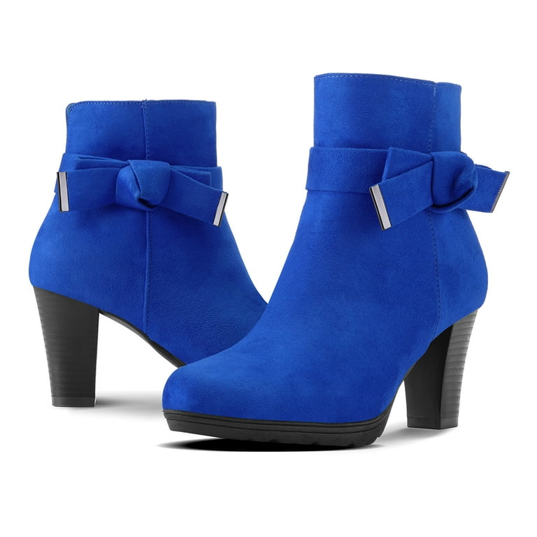 Pennysue Women's Chunky Heel Royal Blue Bow Ankle Boots Thick