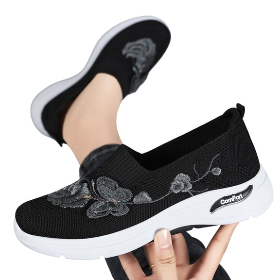 HTHLVMD Floral Embroidered Mesh Sneakers, Slip-On Walking Shoes, Womens Breathable Knit Slip-On Walking Shoes Embroidered Slip On Sneakers Lightweight Comfortable Orthopedics Walking Shoe, Black 5.5
