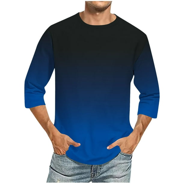 Camisas de Lino para Hombres Impresión Cuello Redondo Casual 3/4 Manga Blusa, Mezcla de Lino de Algodón para Primavera Verano Ocio Y Tops Diarios